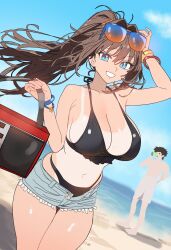  1boy absurdres aozaki_aoko bare_shoulders beach bikini black_bikini blue_eyes blue_shorts blush breasts brown_hair cleavage ebora female grin hair_intakes highres large_breasts long_hair looking_at_viewer mahou_tsukai_no_yoru male_swimwear navel shizuki_soujuurou shore short_hair short_shorts shorts sidelocks smile solo_focus sunglasses swim_trunks swimsuit tan tanlines thighs white_shorts 