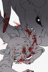  akari_(pokemon) black_sclera bleeding blood blood_in_mouth blood_on_clothes blood_on_face blood_on_hands blood_splatter blood_trail bloodshot_eyes claws clenched_hand colored_sclera crying crying_with_eyes_open dragon dripping_blood furrowed_brow garchomp greyscale head_scarf highres limited_palette looking_at_viewer monochrome nosebleed on_ground pokemon pokemon_(creature) pokemon_legends:_arceus scales sharp_teeth sidelocks simple_background slit_pupils stepped_on tears teeth white_background wulie_errr 