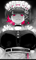  absurdres breasts clenched_teeth colored_inner_hair dress ear_piercing ellen_joe female highres large_breasts looking_at_viewer maid_headdress mole mole_under_eye multicolored_hair niwarhythm piercing red_eyes red_hair sharp_teeth short_sleeves solo spot_color teeth upper_body zenless_zone_zero 