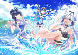  3girls absurdres ahoge animal_ears armpits arms_up bare_shoulders beach bikini blue_one-piece_swimsuit blue_sky breasts bronya_zaychik bronya_zaychik_(herrscher_of_truth) casual_one-piece_swimsuit cat_ears chocola_s cleavage cleavage_cutout closed_mouth clothing_cutout cloud cloudy_sky covered_navel dress goggles goggles_on_head grey_hair hair_ornament highres honkai_(series) honkai_impact_3rd innertube kiana_kaslana kiana_kaslana_(herrscher_of_finality) kiana_kaslana_(selenic_ripples)_(honkai_impact) long_hair multiple_girls navel one-piece_swimsuit one_eye_closed open_mouth outdoors ponytail purple_dress purple_eyes raiden_mei raiden_mei_(crooning_tides)_(honkai_impact) raiden_mei_(herrscher_of_origin) sky smile soles swim_ring swimsuit toes very_long_hair water white_hair 