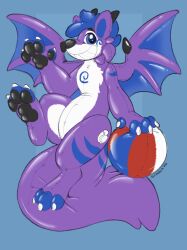  3_toes animate_inanimate blue_eyes feet hi_res horn inflatable living_inflatable mane membrane_(anatomy) membranous_wings permagrin pool_toy purple_body smile solo symrea toes wings 