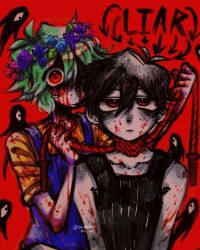  2boys artist_name basil_(headspace)_(omori) basil_(omori) black_hair black_tank_top blood blood_on_clothes blood_on_face blue_overalls collarbone colored_skin expressionless green_hair head_wreath highres mochiilavender multiple_boys omori omori_(omori) overalls red_background red_eyes shirt short_sleeves simple_background something_(omori) spoilers tank_top twitter_username white_skin yellow_shirt 