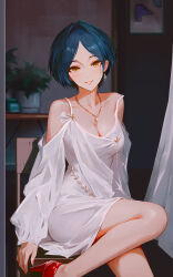  absurdres bare_legs bare_shoulders blush breasts cleavage collarbone commentary_request dress female hayami_kanade high_heels highres idolmaster idolmaster_cinderella_girls jewelry looking_at_viewer medium_breasts necklace off-shoulder_dress off_shoulder parted_bangs qingli_ye red_footwear short_hair sitting smile solo white_dress yellow_eyes 