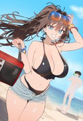  1boy absurdres aozaki_aoko bare_shoulders beach bikini black_bikini blue_eyes blue_shorts blush breasts brown_hair cleavage ebora female grin hair_intakes highres large_breasts long_hair looking_at_viewer mahou_tsukai_no_yoru male_swimwear navel shizuki_soujuurou shore short_hair short_shorts shorts sidelocks smile solo_focus sunglasses swim_trunks swimsuit tan thighs white_shorts 