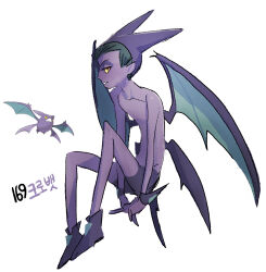  1boy bat_wings black_hair collarbone colored_sclera colored_skin commentary crobat full_body hat male_focus parted_lips personification pointy_ears pokemon purple_footwear purple_hat purple_shorts purple_skin purple_wings short_hair shorts tamtamdi topless_male translated wings yellow_sclera 