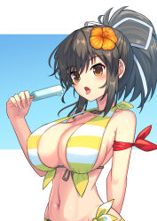  arm_behind_back arm_scarf asuka_(senran_kagura) bare_arms bare_shoulders bikini black_hair blue_background blush breasts brown_eyes commentary_request dolphin_wave female fingernails flower food front-tie_bikini_top front-tie_top gradient_background hair_flower hair_ornament hair_ribbon halterneck hand_up hibiscus high_ponytail highres holding holding_food holding_popsicle jewelry large_breasts looking_ahead medium_hair navel necklace official_alternate_costume open_mouth orange_flower paid_reward_available ponytail popsicle ribbon senran_kagura solo stomach strap_gap striped_bikini striped_clothes swimsuit tongue tongue_out two-tone_background two-tone_bikini upper_body white_background white_bikini white_ribbon yellow_bikini yuutopia 