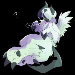  absol artist_name black_background bright_pupils closed_mouth commentary_request female full_body furry furry_female highres looking_at_viewer looking_back mega_absol neck_fur pokemon red_eyes short_hair simple_background twitter_username white_hair wintom 