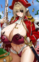  absurdres amagi_brilliant_park breasts cleavage cutlass eyepatch feipin_zhanshi female gun highres huge_breasts moffle musket sento_isuzu thighs tiramii weapon 