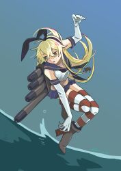  anchor_hair_ornament black_neckerchief black_panties blonde_hair brown_eyes crop_top elbow_gloves female gloves hair_between_eyes hair_ornament hero_kon highleg highleg_panties highres kantai_collection leg_up long_hair microskirt neckerchief panties parted_lips pleated_skirt rudder_footwear sailor_collar shimakaze_(kancolle) simple_background skirt solo striped_clothes striped_thighhighs thighhighs torpedo torpedo_tubes twitter_username underwear water white_gloves 