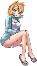  absurdres breasts commentary_request female full_body green_eyes hand_on_own_knee highres invisible_chair jacket kasumi_(pokemon) knees_together_feet_apart looking_at_viewer maho_(corotonton5150) medium_breasts official_alternate_costume official_alternate_hairstyle open_clothes open_jacket open_mouth orange_hair pokemon pokemon_hgss sandals short_hair sitting solo swimsuit toes white_background 