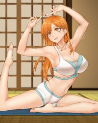  absurdres armpits arms_up arrow_(symbol) baileymcpatty bare_arms bare_legs bare_shoulders barefoot bleach blurry blurry_background blush breasts brown_eyes cleavage collarbone commentary covered_nipples curvy english_commentary eyelashes feet female foot_up full_body hair_behind_ear hair_ornament highres indoors inoue_orihime jewelry large_breasts legs long_hair looking_up navel necklace open_mouth orange_hair pants sitting skindentation solo sports_bra star_(symbol) star_hair_ornament straight_hair tatami thighs toenails toes trembling tsurime upturned_eyes wavy_mouth x yoga yoga_pants 