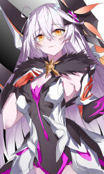  :3 absurdres ahoge asymmetrical_gloves bare_shoulders black_gloves breasts cleavage closed_mouth dark_persona dress elbow_gloves evzeva female fur_collar gloves hair_between_eyes hair_ornament highres honkai_(series) honkai_impact_3rd kiana_kaslana kiana_kaslana_(herrscher_of_the_void) long_hair looking_at_viewer medium_breasts mismatched_gloves orange_eyes single_elbow_glove smile solo very_long_hair white_hair yellow_eyes 