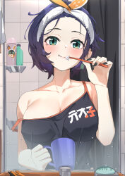  absurdres band_(skymole01) belle_(zenless_zone_zero) blue_hair breasts brushing_teeth cleavage collarbone cup female green_eyes hairband highres holding holding_cup large_breasts off_shoulder short_hair solo toothbrush_in_mouth upper_body white_hairband zenless_zone_zero 