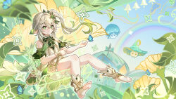  absurdres bare_shoulders blue_butterfly blue_sky bug butterfly closed_mouth commentary_request day dress female flower fungi_(genshin_impact) genshin_impact gradient_hair green_eyes green_hair grey_hair hair_between_eyes hair_ornament highres multicolored_hair nahida_(genshin_impact) no_shoes outdoors ovosaki pointy_ears short_shorts shorts side_ponytail sitting sky sleeveless sleeveless_dress smile socks soles solo_focus star-shaped_pupils star_(symbol) stirrup_legwear swing symbol-shaped_pupils toeless_legwear twitter_username white_dress white_shorts white_socks yellow_flower 