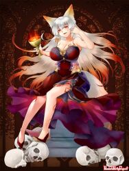  animal_ears bare_shoulders breasts brown_background chalice cleavage copyright_name cup dress female fox_ears fox_tail gradient_hair hand_up holding holding_cup large_breasts long_hair looking_at_viewer multicolored_hair neko2noko open_mouth pandora_party_project red_eyes red_footwear sitting skull solo tail very_long_hair white_hair 