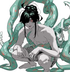  1boy barefoot boxers foot_out_of_frame green_hair hair_bun hair_over_one_eye horizontal_pupils long_hair looking_at_viewer male_focus male_underwear monster_boy octopus_boy original pobbbpsa red_eyes simple_background solo squatting tentacle topless_male underwear white_background 