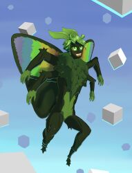  2024 4_arms 4_fingers 4_wings absurd_res antennae_(anatomy) anthro arms_out arthropod belly blue_sky chest_tuft cloud cube_clouds fingers flying fur green_antennae green_arms green_belly green_body green_eyes green_fur green_hair green_hands green_head green_legs green_sclera green_wings hair happy hi_res insects lepidopteran male male_(lore) male_anthro moth multi_arm multi_limb multi_wing nude_anthro nude_male rainbow_wings sky smile solo tameno tuft white_cloud white_clouds wings zylann 