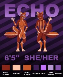  2_tails 4_ears 4_toes 5_fingers absurd_res anthro big_breasts black_nose breasts canid canine character_name claws color_swatch echo_(the_bat_story) english_text featureless_breasts featureless_crotch feet female female_(lore) female_anthro fingers fox front_view fur hair height hi_res long_neck long_snout mammal measurements model_sheet multi_ear multi_tail nude_anthro nude_female orange_arms orange_body orange_breasts orange_ears orange_face orange_fur orange_legs orange_tail pawpads pronouns purple_background purple_eyes purple_inner_ear purple_mouth purple_pawpads purple_sclera purple_text purple_tongue rear_view red_arms red_body red_fur red_hair red_legs red_tail short_legs simple_background snout solo standing tail tameno tan_feet tan_hands text toes tongue white_claws white_text 