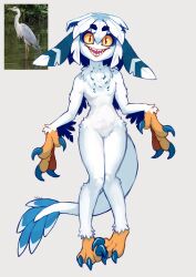  absurdres bird_girl claws color_fox colored_sclera commentary_request feather_hair feathers female highres korean_commentary looking_at_viewer open_mouth original pigeon-toed sharp_teeth short_hair tail teeth white_feathers white_hair yellow_eyes yellow_sclera 