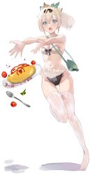  apron bag bare_shoulders bikini blonde_hair commentary_request female food full_body green_bag green_eyes hair_between_eyes hair_ornament highres hololive kazama_iroha leaf_hair_ornament medium_hair navel nekoi_(nekoi_0116) no_shoes omelet open_mouth ponytail shoulder_bag simple_background solo spoon standing standing_on_one_leg stomach sweat swimsuit thighhighs virtual_youtuber white_apron white_background white_thighhighs 