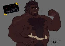  1boy bara beard belly biceps bow bowtie dark-skinned_male dark_skin facial_hair five_nights_at_freddy&#039;s five_nights_at_freddy&#039;s_4 flexing full_beard grin highres humanization large_pectorals looking_at_viewer male_focus mature_male monster_boy muscular muscular_male nightmare_fredbear nude pectorals red_eyes smile soapfoamy solo sparkle stomach_mouth strongman_waist thick_chest_hair thick_eyebrows tsurime upper_body very_dark_skin 