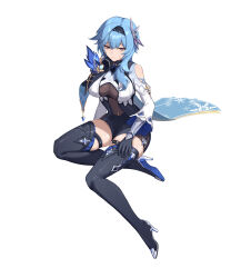  absurdres arm_support black_footwear black_hairband blue_cape blue_hair boots breasts cape clothing_cutout eula_(genshin_impact) female full_body genshin_impact hair_ornament hairband hand_on_own_thigh high-waist_shorts high_heel_boots high_heels highres kazezz large_breasts looking_at_viewer medium_hair purple_eyes shorts shoulder_cutout side_cape simple_background sitting skindentation solo sweatdrop thigh_boots vision_(genshin_impact) white_background yokozuwari 