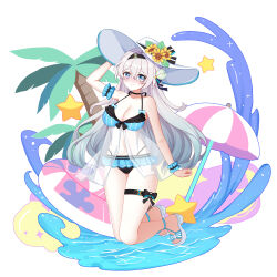  absurdres alternate_costume aqua_hair bare_shoulders bikini breasts cleavage closed_mouth commentary_request female ff2074 firefly_(honkai:_star_rail) full_body gradient_hair grey_hair hair_between_eyes hand_up hat highres honkai:_star_rail honkai_(series) kneeling long_hair looking_at_viewer multicolored_eyes multicolored_hair navel sandals simple_background smile solo stomach swim_ring swimsuit thigh_strap white_background white_footwear white_hat 