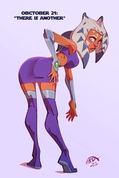  ahsoka_tano ass ass_focus ass_grab ass_up bending_forward bent_over big_lips blue_eyes boots clothed clothing cosplay crop_top dated dc dc_comics english_text eyes facial_markings female female_only footwear fully_clothed hagfish hand_on_leg horn lips looking_back markings miniskirt orange_body purple_clothing rear_view shirt shoes signature simple_background skirt sleeveless standing star_wars starfire starfire_(cosplay) teen_titans tentacle tentacle_hair text the_clone_wars:_season_four thigh_boots thighhighs tiptoes title togruta 