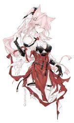  absurdres animal_ear_fluff animal_ears arknights bare_shoulders black_bra black_gloves bow bra braid breasts cleavage closed_mouth dress extra_ears female gloves hair_between_eyes hair_ornament hair_spread_out highres long_hair looking_at_viewer medium_breasts pink_eyes pink_hair pozyomka_(arknights) red_skirt ribbon simple_background skirt solo tkarn77 underwear very_long_hair white_background wolf_ears wolf_girl 