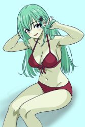  aqua_background bikini bone_namu(namu49850) commentary_request feet_out_of_frame female front-tie_bikini_top front-tie_top green_eyes green_hair kantai_collection long_hair navel red_bikini smile solo suzuya_(kancolle) swimsuit 