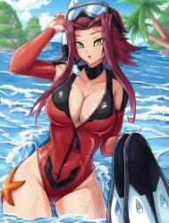  bodysuit breasts brown_eyes cleavage diving_mask diving_mask_on_head diving_regulator diving_suit female fgsketch goggles goggles_on_head highres huge_breasts izayoi_aki large_breasts looking_at_viewer open_bodysuit open_clothes open_mouth open_wetsuit red_hair scuba scuba_gear snorkel solo swimsuit water wetsuit yu-gi-oh! yu-gi-oh!_5d&#039;s 