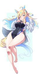  absurdres animal_ears barefoot black_one-piece_swimsuit blonde_hair blue_eyes blue_hair blue_nails breasts collared_shirt colored_inner_hair competition_swimsuit covered_navel dress_shirt female finger_in_own_mouth hekahire_isurus highleg highleg_one-piece_swimsuit highres horse_ears horse_girl horse_tail long_hair medium_breasts multicolored_hair nail_polish neo_universe_(umamusume) one-piece_swimsuit open_clothes open_shirt shirt solo swimsuit tail toenail_polish toenails two-tone_tail umamusume white_shirt 