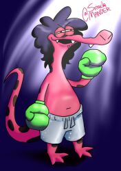  amphibian ander anthro belly boxing_attire boxing_gloves boxing_shorts boxing_trunks clothing curled_hair determined facial_hair goatee hair handwear light lighting male markings navel salamander sharp_teeth solo spots spotted_body srirachamander teeth 