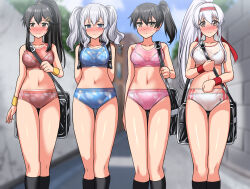  4girls absurdres alternate_hairstyle bag black_socks blue_buruma blue_eyes blue_sky blue_sports_bra blurry blush bra bra_visible_through_clothes breasts buruma cleavage cloud commentary_request commission day depth_of_field feet_out_of_frame grey_hair hairband haruna_(kancolle) highres kaga_(kancolle) kantai_collection kashima_(kancolle) looking_at_viewer medium_breasts multiple_girls nose_blush outdoors panties panties_visible_through_clothes pink_buruma pink_sports_bra pixiv_commission ponytail red_buruma red_hairband red_sports_bra red_wristband road shoukaku_(kancolle) side_ponytail sky socks sports_bikini sports_bra thigh_gap twintails underwear underwear_only white_bra white_buruma white_hair white_panties white_sports_bra yellow_wristband zanntetu 