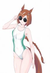  adjusting_eyewear animal_ears bob_cut braid braided_ponytail breasts brown_eyes brown_hair commentary_request competition_swimsuit cowboy_shot ear_ornament female hat highleg highleg_one-piece_swimsuit highres horse_ears horse_girl horse_tail ikuno_dictus_(umamusume) long_hair low_ponytail multicolored_hair one-piece_swimsuit osage_gankyou round_eyewear single_braid small_breasts solo streaked_hair sunglasses swimsuit tail umamusume white_background white_hat white_one-piece_swimsuit 