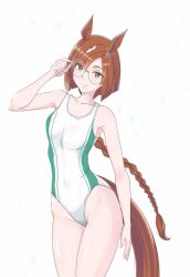  adjusting_eyewear animal_ears bob_cut braid braided_ponytail breasts brown_eyes brown_hair commentary_request competition_swimsuit cowboy_shot ear_ornament female glasses hat highleg highleg_one-piece_swimsuit highres horse_ears horse_girl horse_tail ikuno_dictus_(umamusume) long_hair low_ponytail multicolored_hair one-piece_swimsuit osage_gankyou round_eyewear single_braid small_breasts solo streaked_hair swimsuit tail umamusume white_background white_hat white_one-piece_swimsuit 