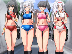  4girls absurdres alternate_hairstyle bag black_socks blue_buruma blue_eyes blue_sky blue_sports_bra blurry blush breasts buruma cleavage cloud commentary_request commission day depth_of_field feet_out_of_frame grey_hair hairband haruna_(kancolle) highres kaga_(kancolle) kantai_collection kashima_(kancolle) looking_at_viewer medium_breasts multiple_girls outdoors pink_buruma pink_sports_bra pixiv_commission ponytail red_buruma red_hairband red_sports_bra red_wristband road shoukaku_(kancolle) side_ponytail sky socks sports_bikini sports_bra thigh_gap twintails underwear underwear_only white_buruma white_hair white_sports_bra yellow_wristband zanntetu 