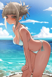  absurdres alternate_costume bags_under_eyes beach bikini blonde_hair blue_sky blunt_bangs boku_no_hero_academia breasts cleavage cloud day double_bun female hair_bun halterneck highres leaning_forward looking_at_viewer medium_breasts ocean outdoors side-tie_bikini_bottom sidelocks sky slit_pupils solo strap_gap string_bikini swimsuit toga_himiko water white_bikini yellow_eyes zd_(pixiv6210083) 