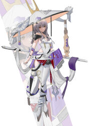  absurdres arm_guards armor artist_request bare_shoulders breasts cleavage closed_mouth clothing_cutout female goddess_of_victory:_nikke grey_hair hair_between_eyes hat highres holding japanese_armor jingasa large_hat leg_cutout leotard long_hair looking_at_viewer medium_breasts scarlet_(nikke) smile solo sword weapon white_leotard yellow_eyes zoom_layer 