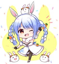  &gt;_&lt; animal_ear_fluff animal_ears arm_up armpits black_gloves black_leotard blue_hair braid breasts carrot carrot_hair_ornament comiket_102 creature don-chan_(usada_pekora) dress female food-themed_hair_ornament fur-trimmed_dress fur-trimmed_gloves fur_trim gloves hair_ornament hololive kashiwadokoro leotard leotard_under_clothes long_hair looking_at_viewer medium_breasts multicolored_hair one_eye_closed open_mouth orange_eyes pekomon_(usada_pekora) rabbit-shaped_pupils rabbit_ears rabbit_tail smile solo strapless strapless_leotard symbol-shaped_pupils tail twin_braids two-tone_hair usada_pekora usada_pekora_(1st_costume) virtual_youtuber white_dress white_hair 