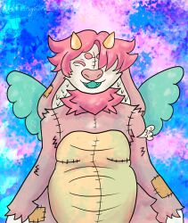  anthro belly bovid caprine dragon fluffy horn hybrid male mammal mello_wolflynrot mythological_creature mythological_scalie mythology overweight pink plush_dragon_sheep plushie scalie sheep solo stock_image_background teal wings wolflynrot 