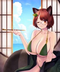  animal_ear_fluff animal_ears bikini blue_sky breasts brown_eyes brown_hair cleavage cloud commentary_request cowboy_shot day female futatsuiwa_mamizou glasses green_bikini grey-framed_eyewear grin highres holding holding_smoking_pipe huge_breasts indoors kiseru leaf leaf_on_head looking_at_viewer medium_bangs one_eye_closed raccoon_ears raccoon_girl raccoon_tail short_hair shouji sky sliding_doors smile smoking_pipe solo swimsuit tail tarmo touhou 