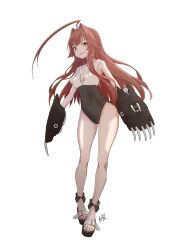  ahoge black_one-piece_swimsuit breasts brown_eyes brown_hair casual_one-piece_swimsuit female full_body highres huge_ahoge kantai_collection kuma_(kancolle) long_hair neve_(morris-minicooper) one-piece_swimsuit rigging sandals small_breasts solo swimsuit two-tone_swimsuit white_one-piece_swimsuit 