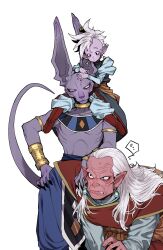  3boys beerus black_claws black_eyes boots cat_boy colored_sclera colored_skin dragon_ball dragon_ball_super dragon_ball_z earrings frown furry gold_armlet gold_bracer gold_choker hair_slicked_back hand_on_another&#039;s_shoulder hand_on_own_hip height_difference highres jewelry kaioushin kibito large_ears long_hair long_sleeves looking_at_another looking_to_the_side male_focus mohawk multiple_armlets multiple_boys pink_skin pointy_ears potara_earrings puffy_long_sleeves puffy_sleeves purple_skin red_footwear sen_(aypj8447) shin_(dragon_ball) short_male sitting_on_shoulder size_difference slit_pupils speech_bubble spoken_sweatdrop sweat sweatdrop tail tail_raised teeth white_background white_hair wrinkled_skin yellow_sclera 