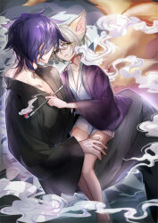  2boys akashi_kuniyuki animal_ears barefoot bazhua black_kimono crossed_legs facing_away feet_out_of_frame fox_boy fox_ears fox_tail glasses green_eyes grey_hair grey_hakama hair_between_eyes hair_flaps hakama hakama_pants hand_on_another&#039;s_thigh haori highres holding holding_smoking_pipe hotarumaru invisible_chair jacket japanese_clothes kemonomimi_mode kimono kitsune long_sleeves looking_at_another looking_at_viewer male_focus multiple_boys pants parted_lips petite purple_eyes purple_jacket short_kimono sideways_glance sitting sitting_on_lap sitting_on_person size_difference smile smoke smoking_pipe tail tareme touken_ranbu white_kimono yaoi 