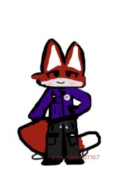  anthro black_bottomwear black_clothing black_pants blue_clothing blue_jacket blue_topwear blush bottomwear clothing digital_media_(artwork) ears_up fta_transit167 fur happy hi_res jacket male microsoft_paint_(artwork) pants proclub red_body red_fur solo standing topwear 