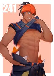  abs black_hair blue_pants blue_shirt clothes_lift dark-skinned_male dark_skin earrings jewelry male_focus muscular muscular_male navel nipples pants pokemon pokemon_swsh raihan_(pokemon) shirt shirt_lift short_hair smile stomach teeth zhineart 