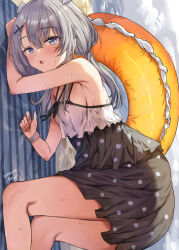  all_fours beach black_one-piece_swimsuit casual_one-piece_swimsuit dress_swimsuit fake_horns feet_out_of_frame female grey_eyes grey_hair grey_sky hair_ornament highres horizon horned_headwear horns i-201_(kancolle) i-201_(swimsuit_mode)_(kancolle) kantai_collection long_hair looking_at_viewer mizuta_kenji ocean one-piece_swimsuit polka_dot polka_dot_swimsuit sideways sky solo swimsuit two-tone_swimsuit x_hair_ornament 