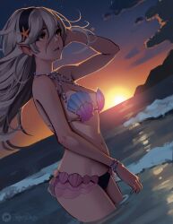  absurdres beach bikini black_bikini black_hairband breasts cloud commentary corrin_(female)_(fire_emblem) corrin_(fire_emblem) english_commentary female fire_emblem fire_emblem_cipher fire_emblem_fates floating_hair grey_hair hair_between_eyes hairband highres jackary long_hair medium_breasts navel ocean official_alternate_costume outdoors partially_submerged pointy_ears red_eyes shell shell_bikini signature sky solo sunset swimsuit water 