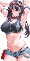  ahoge armpits arms_up black_hair blue_shorts blush breasts cleavage cowboy_shot crop_top eyewear_on_head female grace_howard hair_between_eyes highres large_breasts long_hair looking_to_the_side lying navel on_stomach ponytail red_eyes shibenc16e4 shorts sidelocks simple_background solo standing stomach sweat sweatdrop thighs white_background zenless_zone_zero 